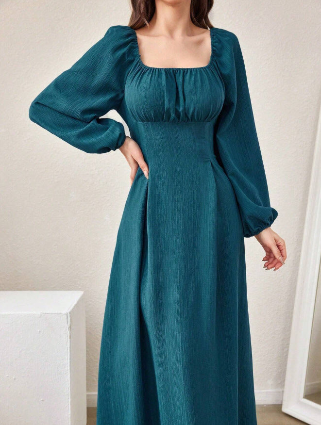 Elegant Square Neck A-Line Dress with Long Sleeves