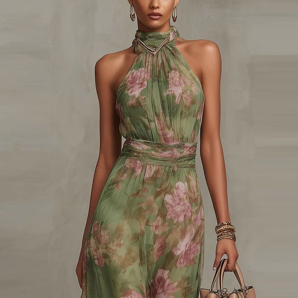 Floral Print High Waist Slit Dress