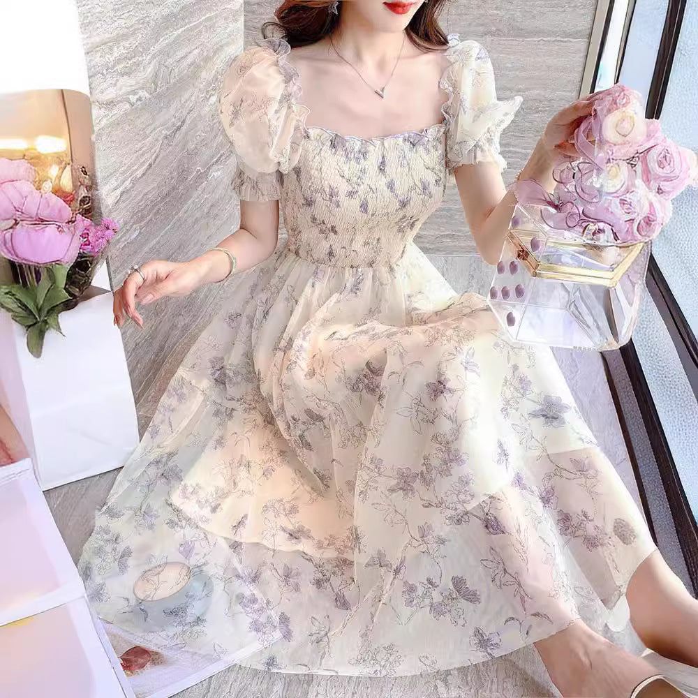 French Ink Painting Waist Slimming Chiffon Dress