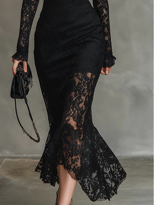 Elegant Black Stretch Lace Mermaid Dress
