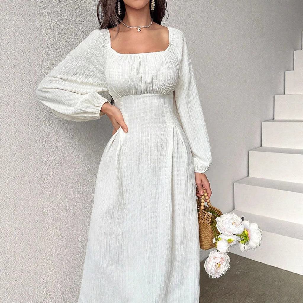 Elegant Square Neck A-Line Dress with Long Sleeves