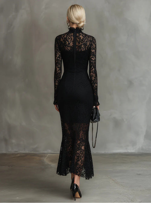 Elegant Black Stretch Lace Mermaid Dress