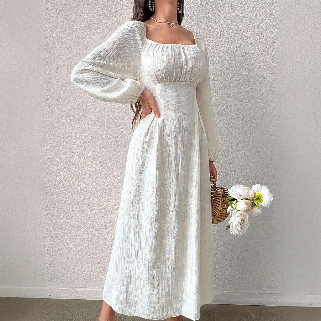 Elegant Square Neck A-Line Dress with Long Sleeves