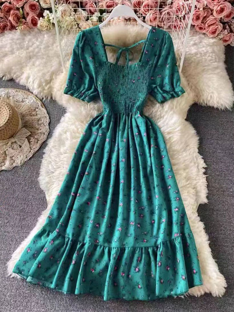 French Retro Floral Print Women Dress