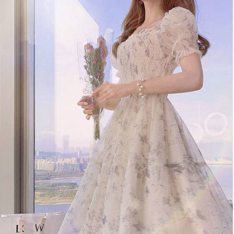 French Ink Painting Waist Slimming Chiffon Dress