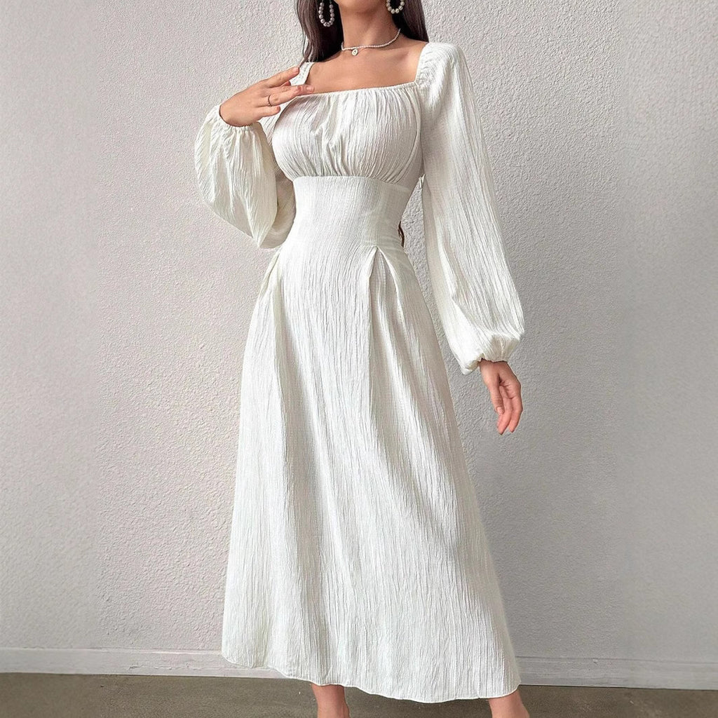 Elegant Square Neck A-Line Dress with Long Sleeves
