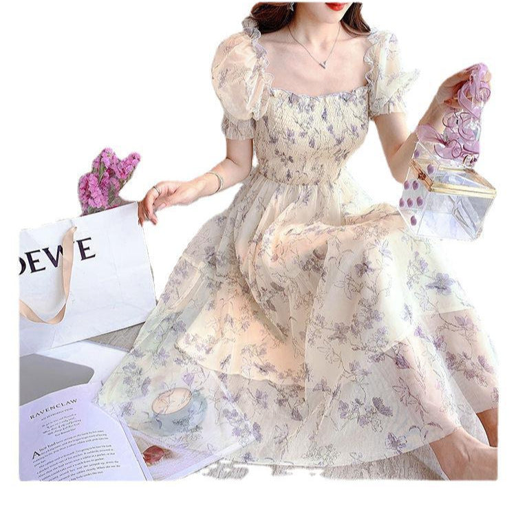 French Ink Painting Waist Slimming Chiffon Dress