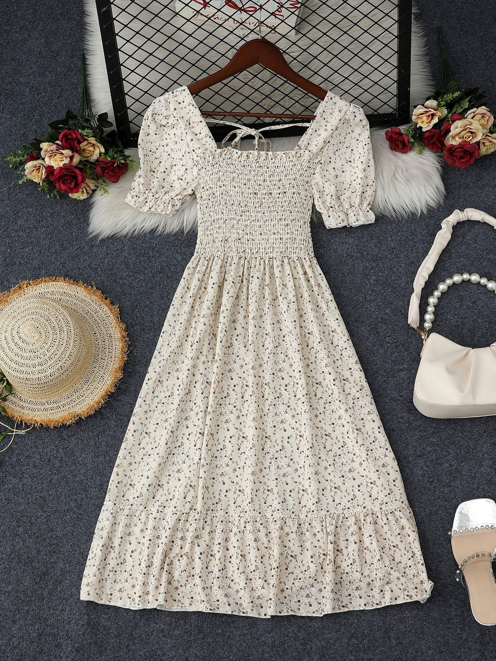 French Retro Floral Print Women Dress