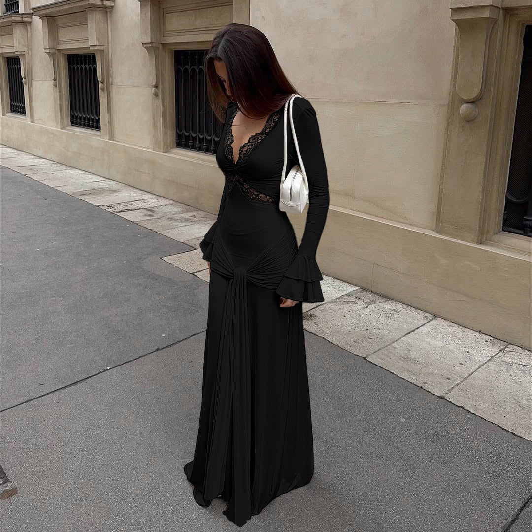 Elegant Lace Trim Dress with Ruffle Sleeves