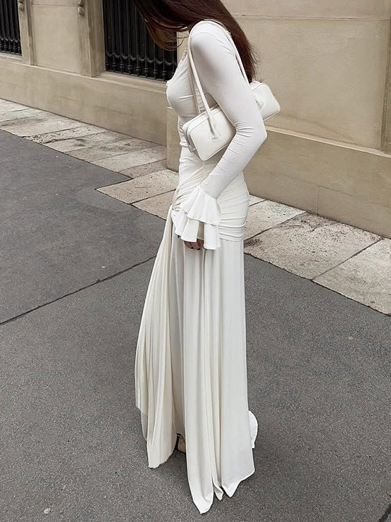 Elegant Lace Trim Dress with Ruffle Sleeves