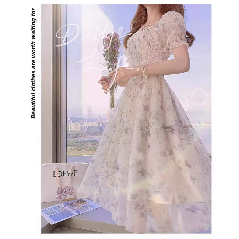 French Ink Painting Waist Slimming Chiffon Dress