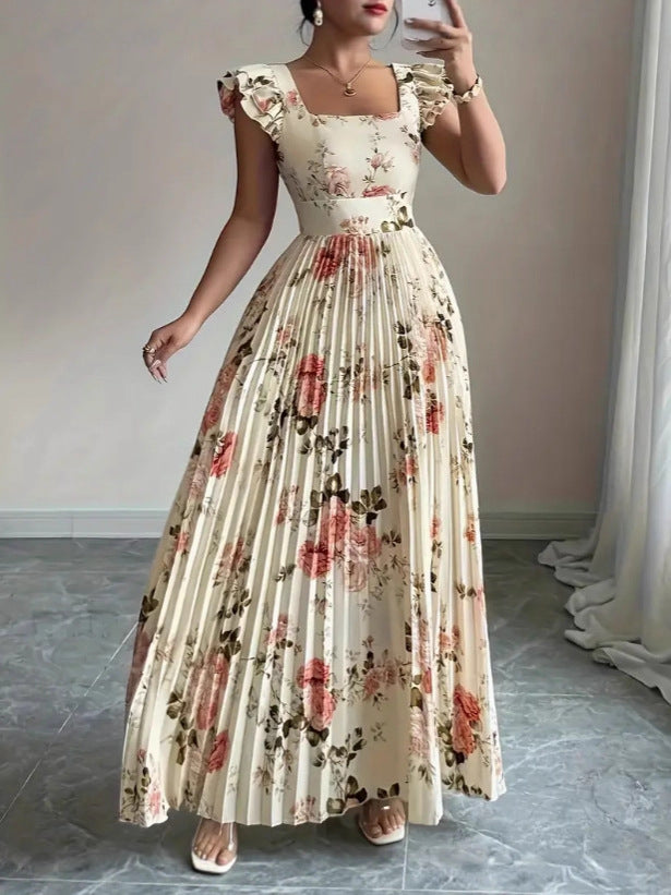 Floral Square Neck Flutter Sleeve Pleated Dress