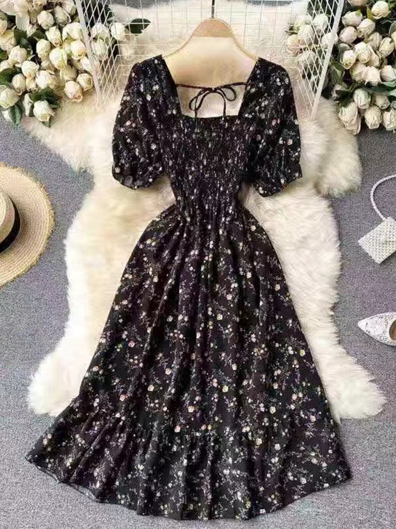 French Retro Floral Print Women Dress