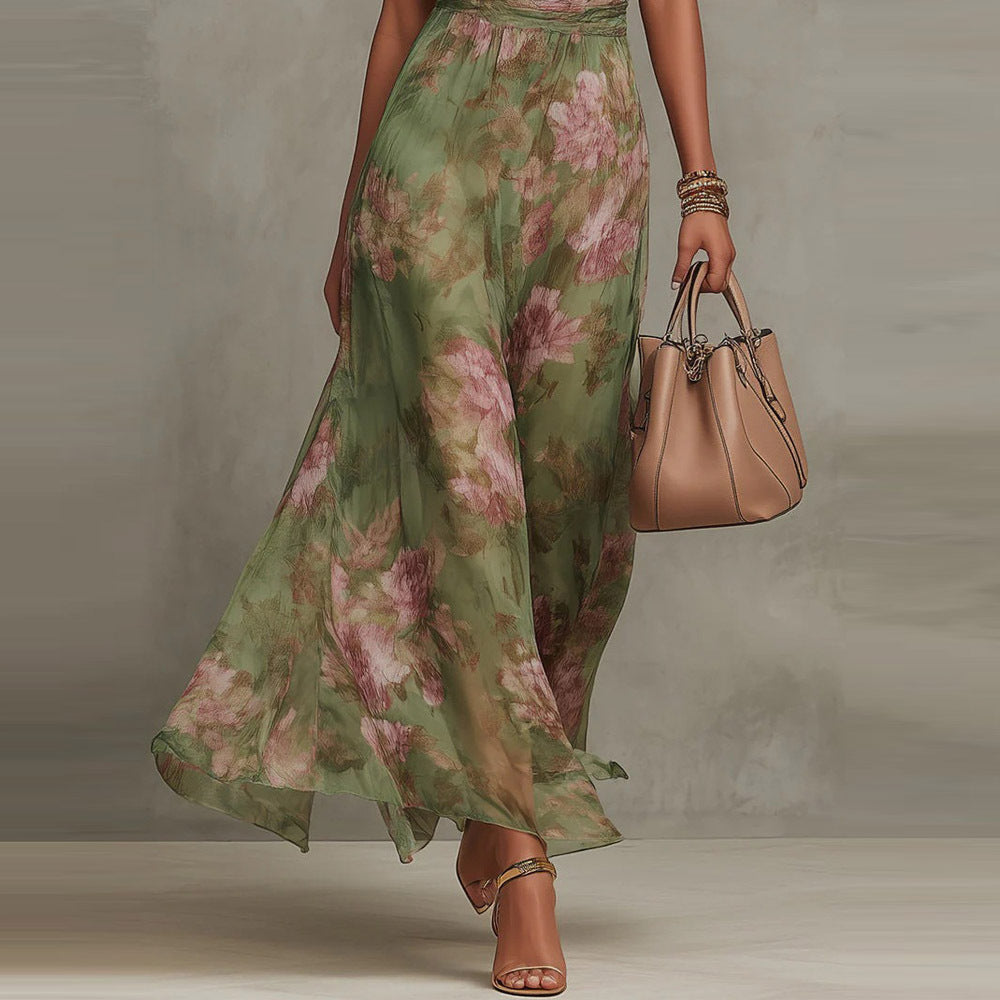Floral Print High Waist Slit Dress