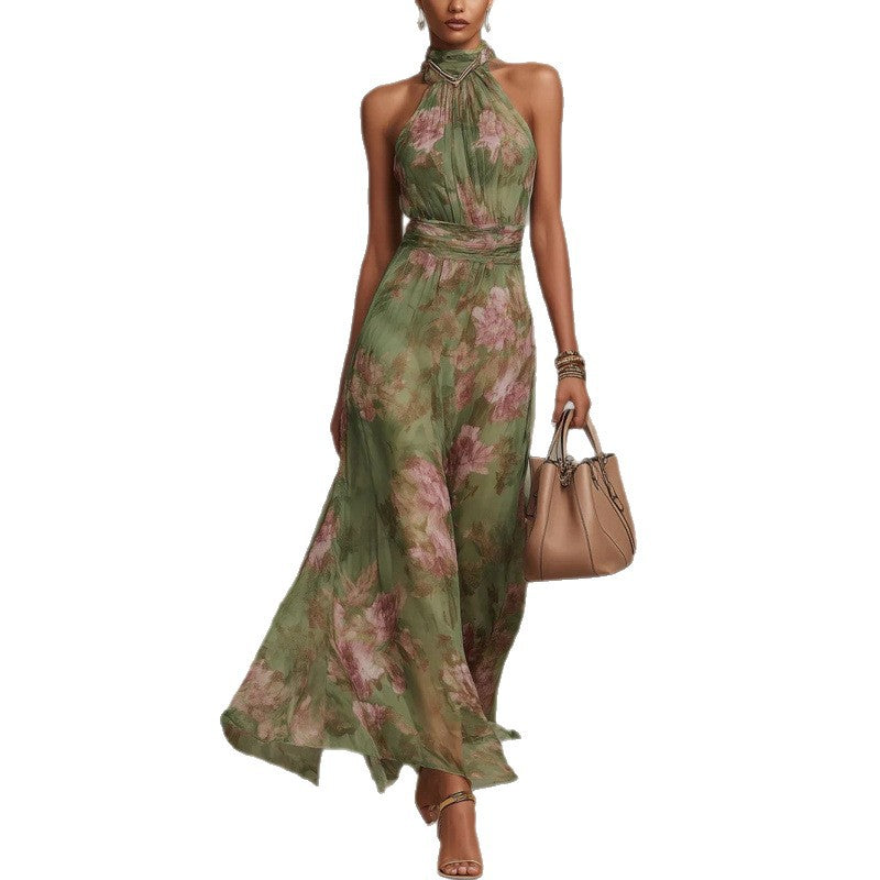 Floral Print High Waist Slit Dress