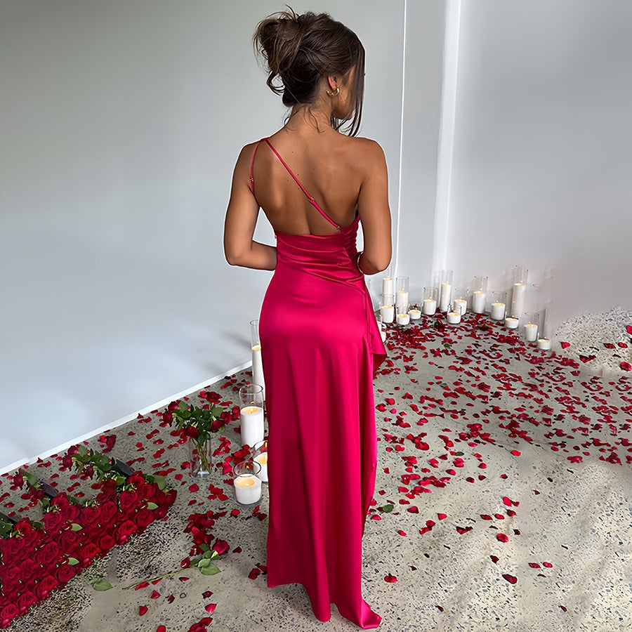Slim-fit, off-shoulder, slit satin dress for women