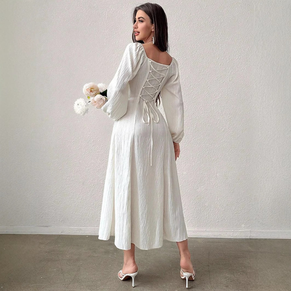 Elegant Square Neck A-Line Dress with Long Sleeves