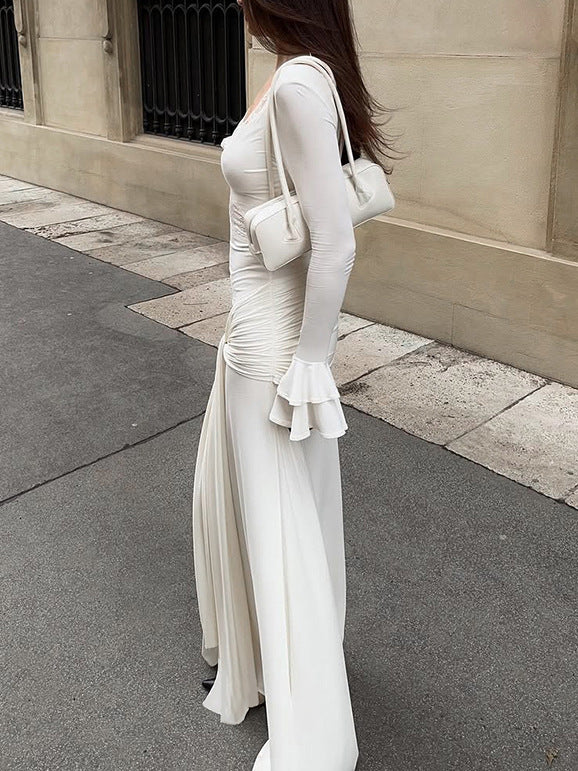Elegant Lace Trim Dress with Ruffle Sleeves