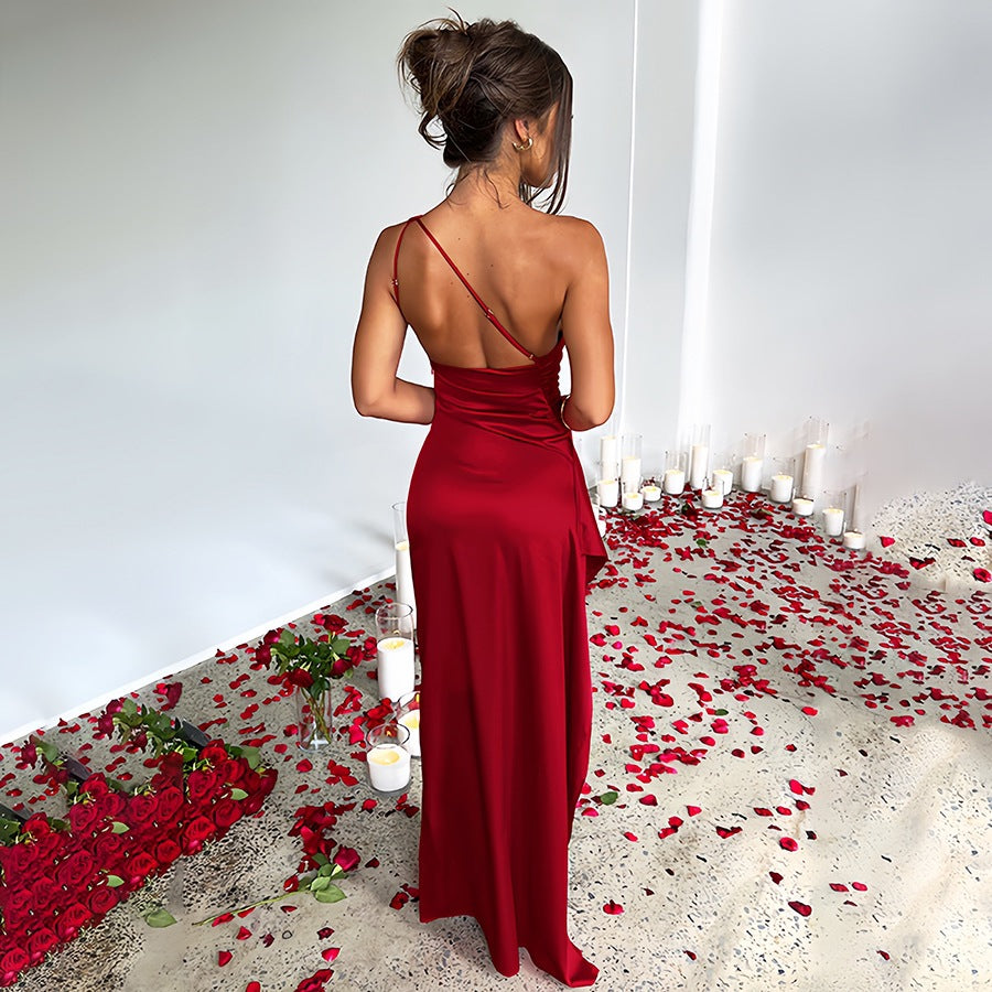 Slim-fit, off-shoulder, slit satin dress for women